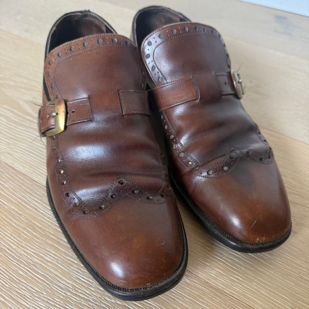 VTG Florsheim USA Blue Label Monk Strap Wingtip Dress Shoes Brown Men's Sz 9